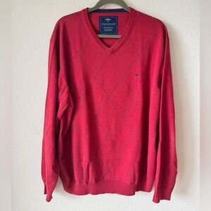 Fynch Hatton Mens Sweater XXL Red Argyle 100% Cotton Pullover V-Neck Preppy Golf